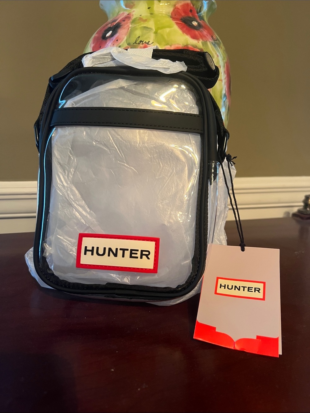 Hunter Clear Crossbody Transfer Bag with Black Trim and Red Logo Accent - Picture 5 of 7